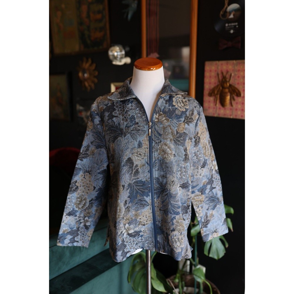 Vintage BonWorth Tapestry Zip Jacket Womens Blue Paisley Size S-P Cottagecore